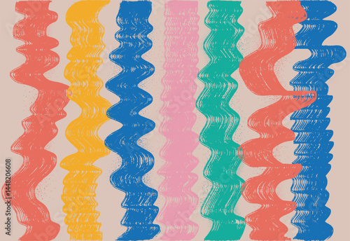 Grunge grainy colored brush stroke texture. Wavy lines, thick strokes of art brush, scratches, abrasions. Hand drawn vector distress damaged vintage banner with zigzag bold line illustration.
