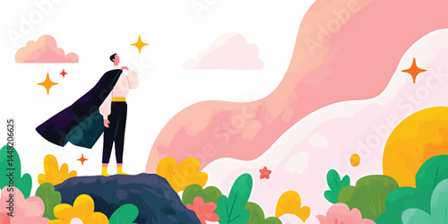 A determined person, cloaked as a superhero, gazes courageously towards the horizon, envisioning a path forward, surrounded by a whimsical illustration of clouds and blossoming flowers.