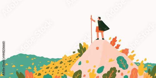 A determined figure, stands proudly atop a vibrant peak, holding a flag high, symbolizing achievement. An illustration of leadership and vision.
