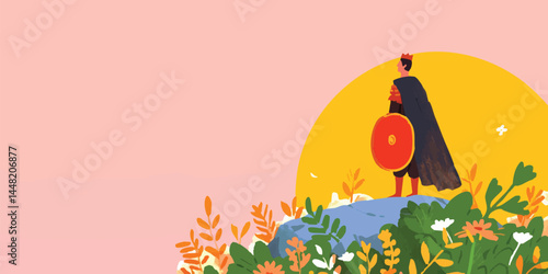 A valiant figure, shield in hand, stands resolute atop a verdant rise, silhouetted against a vibrant, expansive backdrop. This striking illustration captures the essence of fortitude and courage.