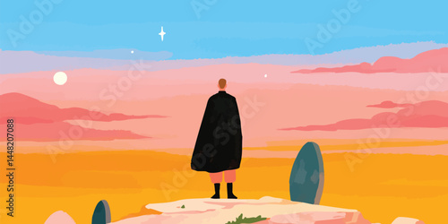 A lone figure stands on a rocky precipice, a cloak billowing in the celestial wind, gazing at a dreamy, star-studded sky. The scene is painted with a minimalist palette.