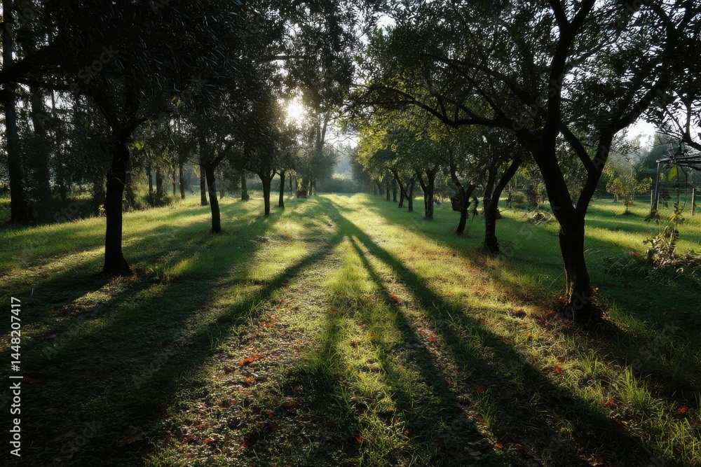 Naklejka premium Tranquil orchard scene showing sunrise through rows of trees creating shadows on vibrant green grass field