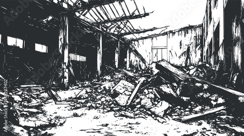 Black and white illustration of a destroyed abandoned industrial building with debris and collapsed structure inside