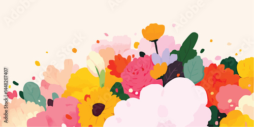 Vibrant floral arrangement, a profusion of colorful flowers in a cheerful and lively composition.