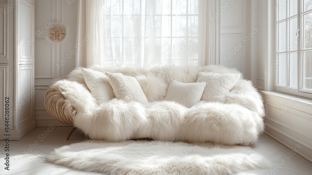 Fluffy white sheepskin sofa and rug in bright room. Fluffy white sheepskin sofa and rug in bright room.