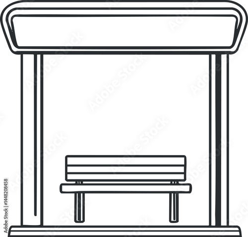 Simple black and white line drawing of a bus stop shelter with a bench for waiting passengers