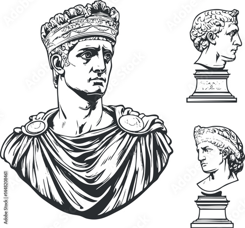 Black and white illustration of three classical Roman bust sculptures showing detailed facial features and traditional attire.