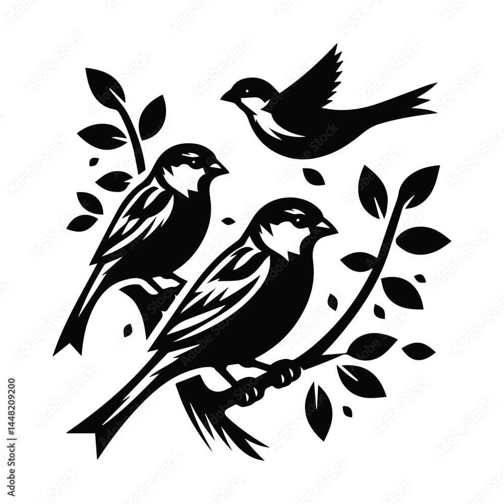 Sparrow birds icon black silhouette seat on the tree with white background Sparrow birds icon black silhouette seat on the tree with white background