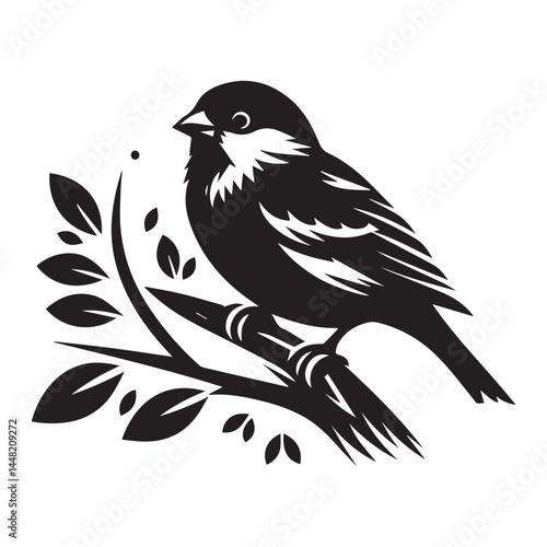 Sparrow birds icon black silhouette seat on the tree with white background