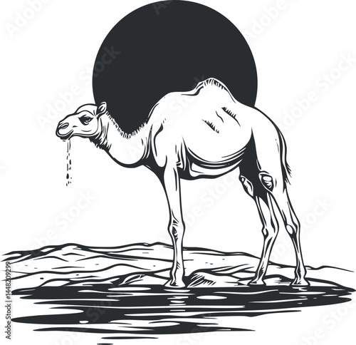 Black and white illustration of a camel drinking water in a desert with the sun in the background