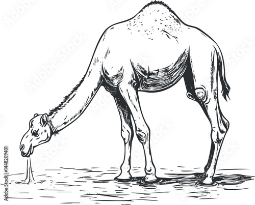 Black and white sketch illustration of a camel with one hump standing and grazing in desert environment