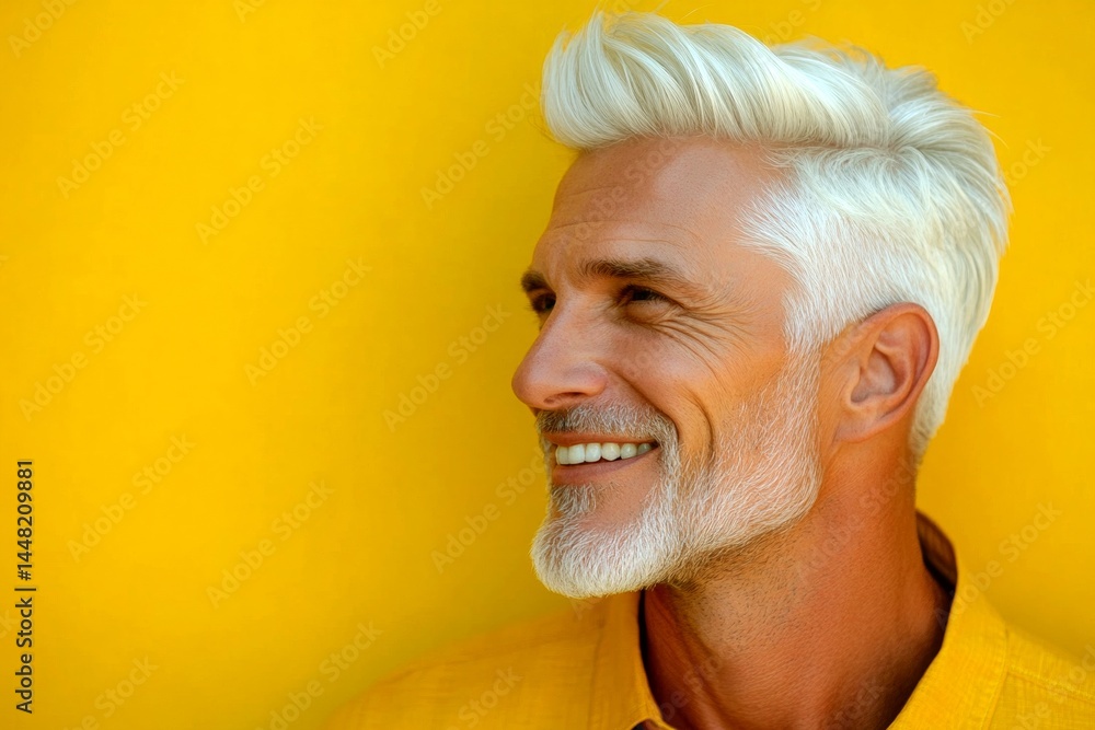 Yellow solid background. Classy men's short caesar haircut - midlife white man with white hair. Visual idea of style for aging men. A handsome man with a captivating smile.