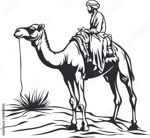 Black and white illustration of a man wearing turban riding a camel in the desert landscape