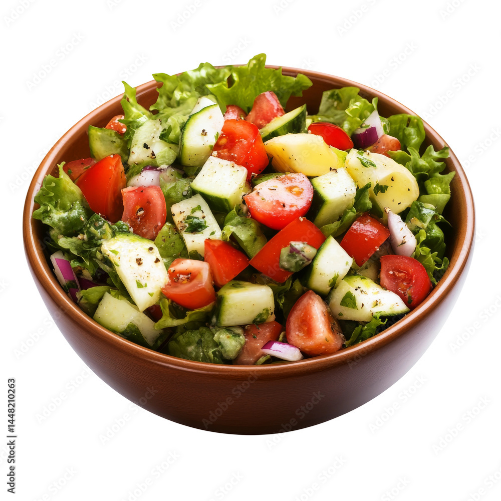 A vibrant and healthy salad in a rustic bowl. The salad is filled with fresh, colorful vegetables and crisp greens A vibrant and healthy salad in a rustic bowl. The salad is filled with fresh, colorful vegetables and crisp greens