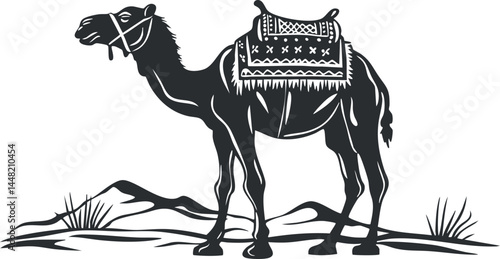 Black and white illustration of a camel with a decorated saddle standing in a desert landscape with sparse vegetation