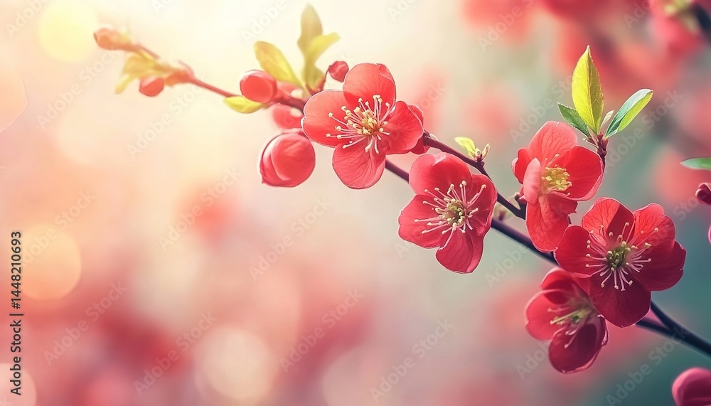 Branch of blooming red flowers in soft sunlight with blurred background. Branch of blooming red flowers in soft sunlight with blurred background.