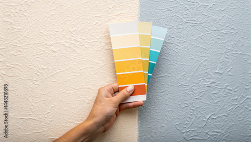 Fototapeta Naklejka Na Ścianę i Meble -  Hand holding color swatch with yellow and blue shades against textured wall, showing paint color options for home improvement and decoration ideas