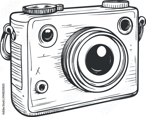 Black and white hand-drawn sketch of a vintage compact camera with lens and buttons