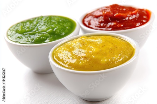 Vibrant green yellow and red spicy sauces in separate bowls on a white background