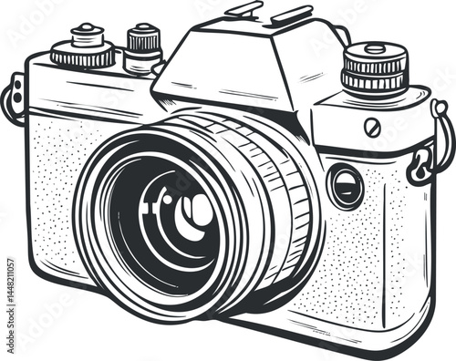 Black and white illustration of a vintage photo camera with detailed lens and controls