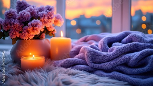 Cozy autumn scene with candles, flowers, and a blanket by the window at sunset.