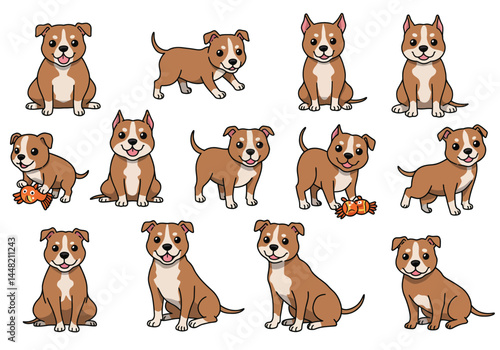 Cartoon Staffie Dogs Playful Poses and Expressions with Orange Fish Toy
