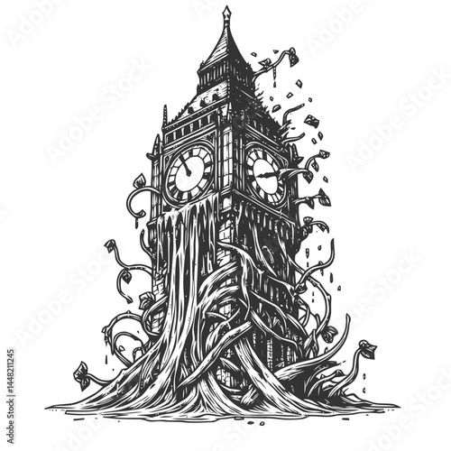 Innovative depiction of a clock tower being overtaken by flourishing vines, merging architectural form with organic growth.