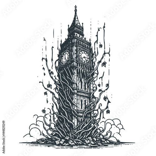 Captivating image of a clock tower melting into a cascade of vines, symbolizing the blending of human structures with nature.