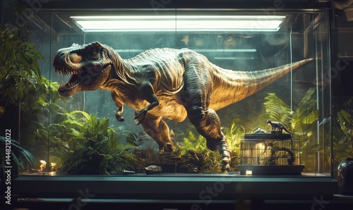 Jurassic Terrarium: Tyrannosaurus Rex in a Tropical Glass Enclosure