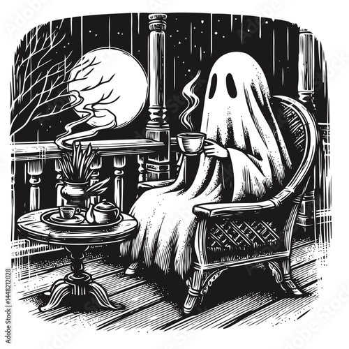 Surreal image of a ghost casually drinking tea on a porch, merging the ordinary with the supernatural.