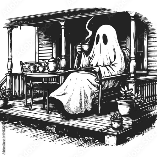 Ethereal depiction of a ghost quietly having tea on a serene porch, evoking a mix of mystery and comfort.