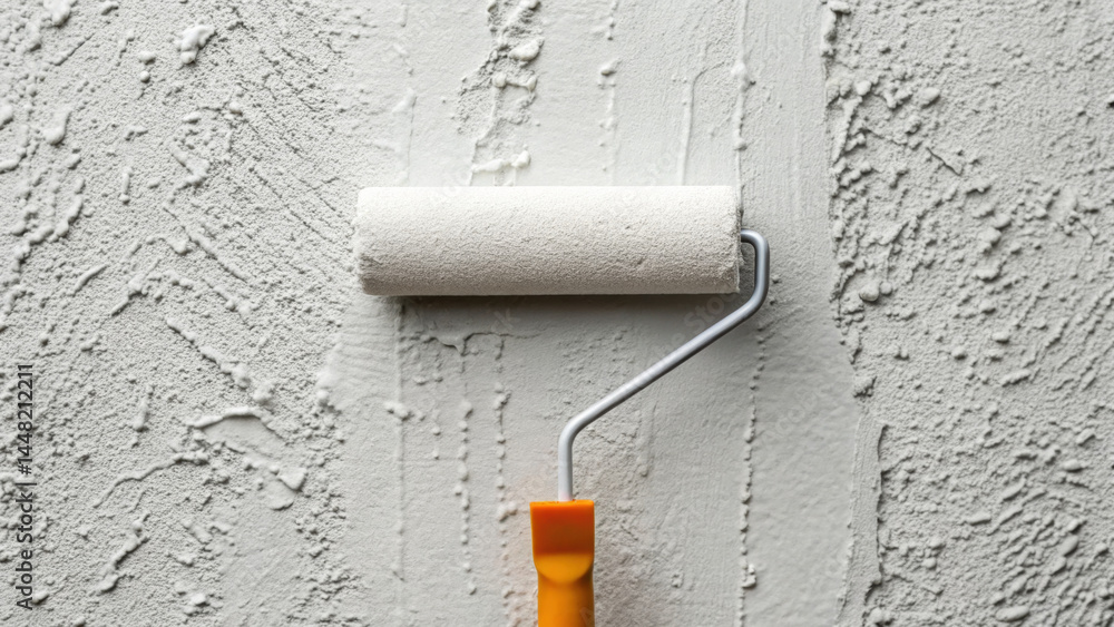 Obraz premium Closeup of roller applying matte white paint on textured wall surface, showing smooth and rough contrast with high fidelity and detailed finish for home improvement or renovation project