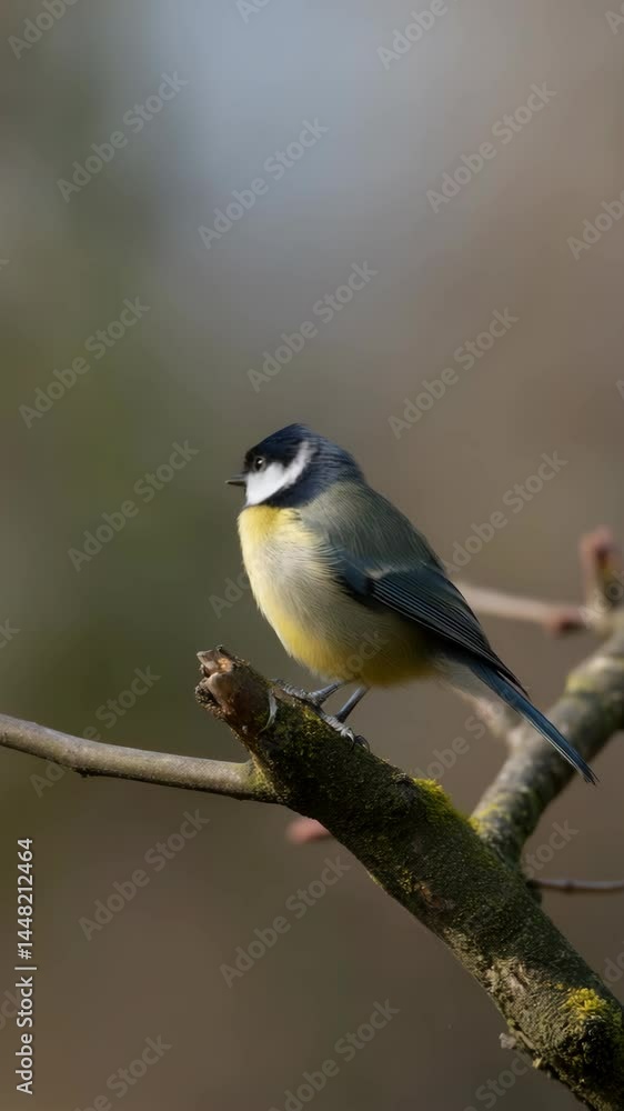 Colorful blue tit bird perched on mossy tree branch in nature, close up shot, soft focus background, daytime Colorful blue tit bird perched on mossy tree branch in nature, close up shot, soft focus background, daytime
