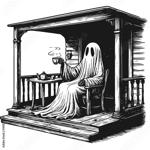 Imaginative artwork of a ghost enjoying tea under starlight on a serene porch, merging the spectral with the ordinary.