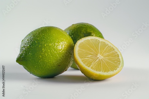 Two Whole Limes and a Lime Slice on a White Background