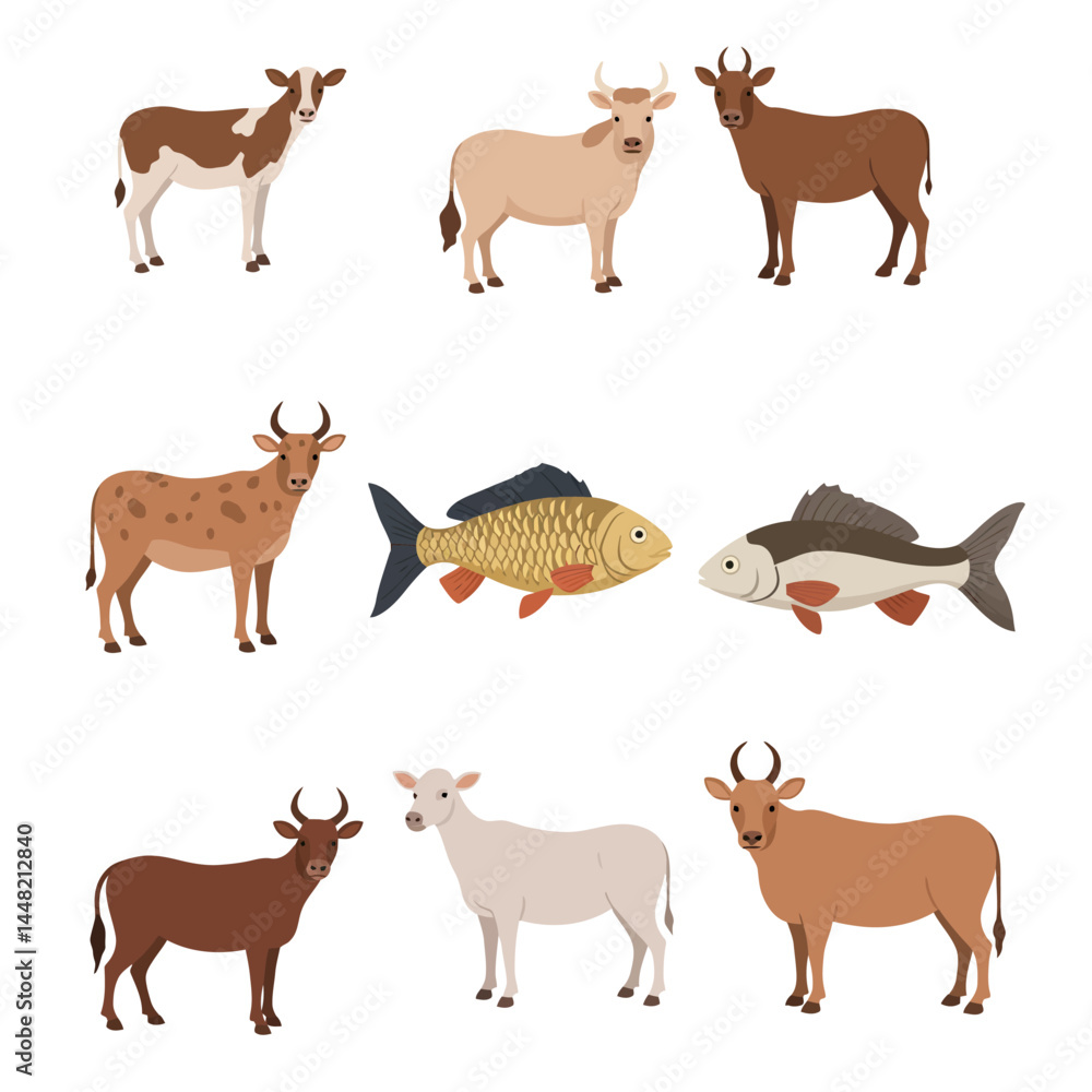 Diverse livestock and aquatic fauna Cows sheep and a golden scaled fish Diverse livestock and aquatic fauna Cows sheep and a golden scaled fish