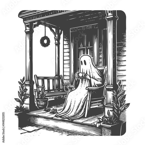 Charming scene of a ghost sipping tea on a cozy porch under soft moonlight, balancing the eerie with the peaceful.