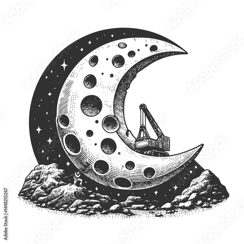 Imaginative artwork depicting the moon as a giant block of cheese being excavated, filled with fantasy and charm.