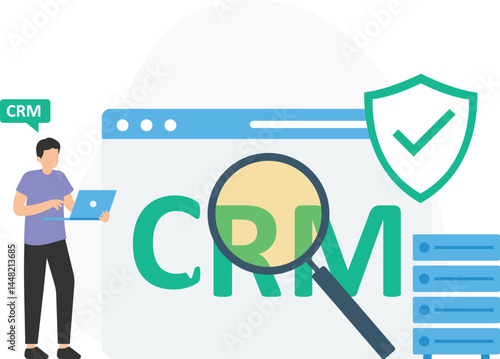 A programmer is analyzing a CRM system with a magnifying glass, symbolizing attention to detail, while a shield icon represents data security. This image reflects the critical role of ensuring the int