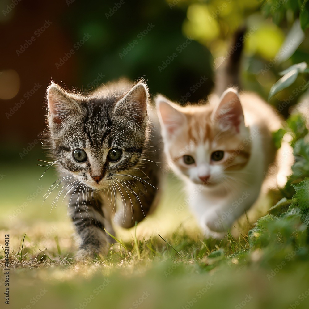 Playful Kittens Exploring Green Grass Playful Kittens Exploring Green Grass