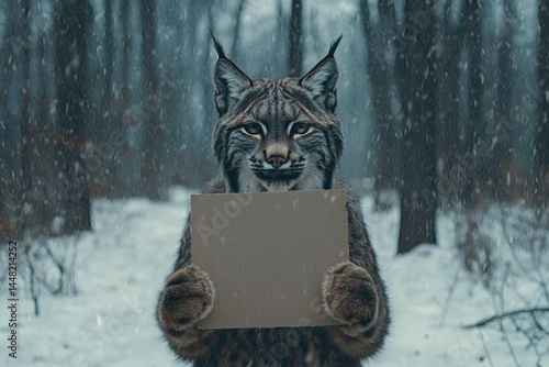 A lynx holding a blank sign in a snow-covered forest, with a piercing but sorrowful stare.
