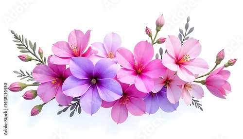 Artistic flower bouquet with pink petals and violet blooms on white high resolution photo