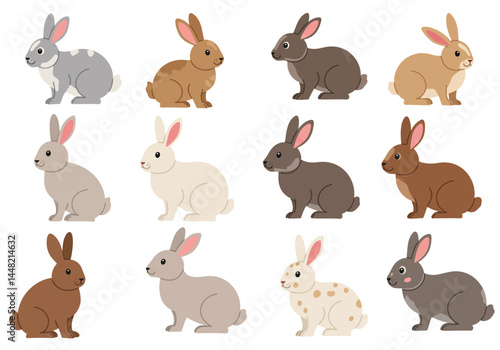 Six Adorable Cartoon Rabbits in Varied Hues