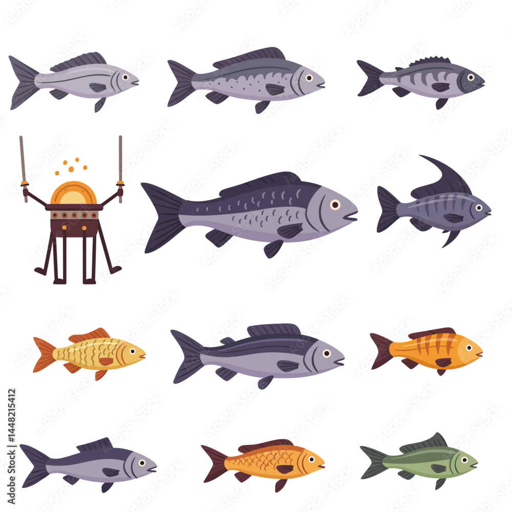 Whimsical Drumming Pot and Colorful Fish Collection Whimsical Drumming Pot and Colorful Fish Collection