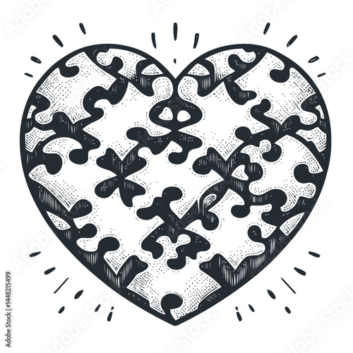Dreamlike depiction of puzzle pieces aligning into a heart shape, highlighting themes of connection and love.