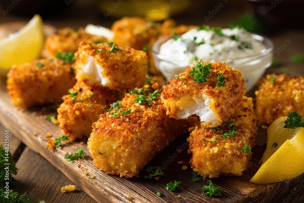 Fototapeta premium Zoomed in view of golden battered fish sticks accompanied by remoulade and lemon on a rustic wooden table