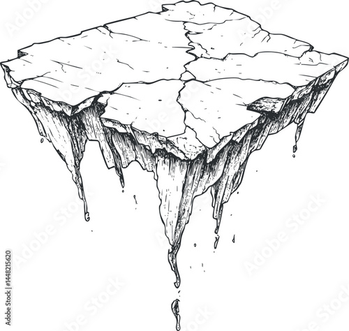 Black and white illustration of a cracked, floating rock fragment with dripping edges and textured surface
