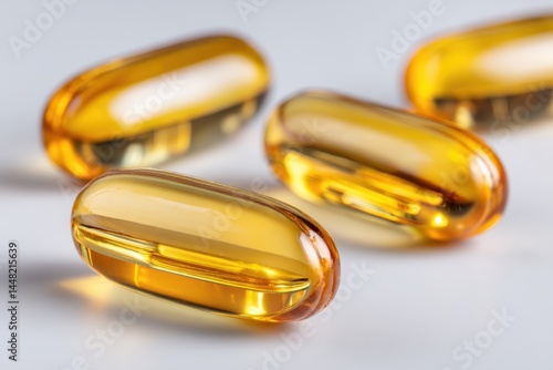 Zoomed in view of Omega 3 capsules on a white backdrop Space for text Aerial perspective high resolution image Wellness theme