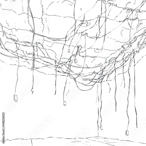 Messy tangled electrical wires and cables hanging from a ceiling in black and white line art