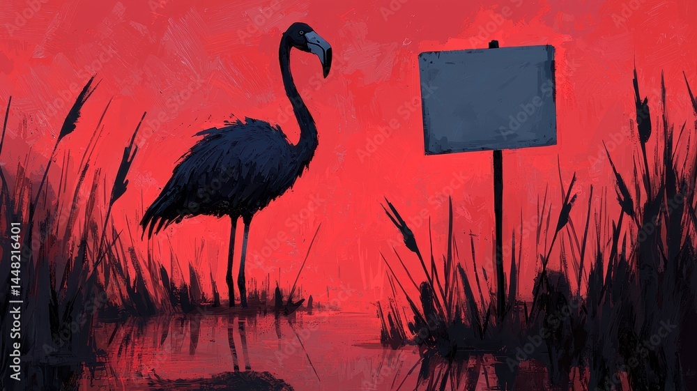 Fototapeta premium A flamingo holding a blank sign, surrounded by gently swaying reeds in a pink-tinted lake at dusk.